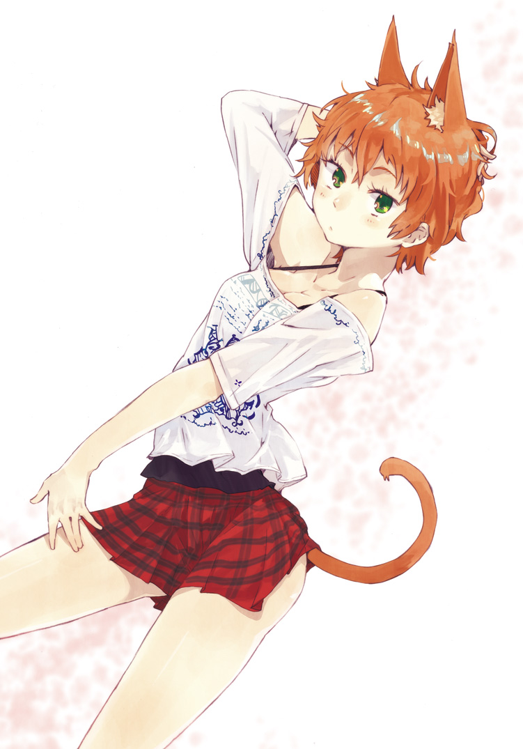animal_ears blush breasts brown_hair cat_ears cat_tail cleavage green_eyes hrd original pose short_hair skirt solo tail