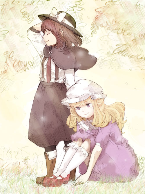 2girls arm_up blonde_hair bobby_socks boots capelet closed_eyes dress dress_shirt hat hat_ribbon long_hair ma-hain-scarlet maribel_hearn mary_janes multiple_girls necktie ribbon shirt shoes sitting skirt smile socks suspenders touhou usami_renko