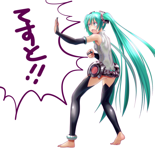 anklet aqua_eyes aqua_hair armpits barefoot bridal_gauntlets elbow_gloves feet fighting_stance fingernails gloves hatsune_miku hatsune_miku_(append) jewelry long_hair miku_append nail_polish open_mouth simple_background soles solo translated translation_request twintails very_long_hair vocaloid vocaloid_append white_background wokada