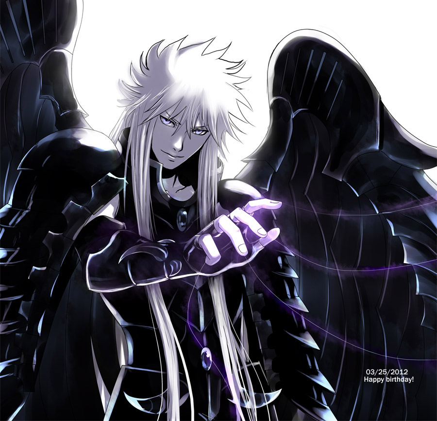 1boy 2012 aelina armor black_armor fingerless_gloves full_armor griffon_minos long_hair looking_at_viewer male monochrome pale_skin saint_seiya silver_eyes silver_hair smile solo waist_up white_background wings wire