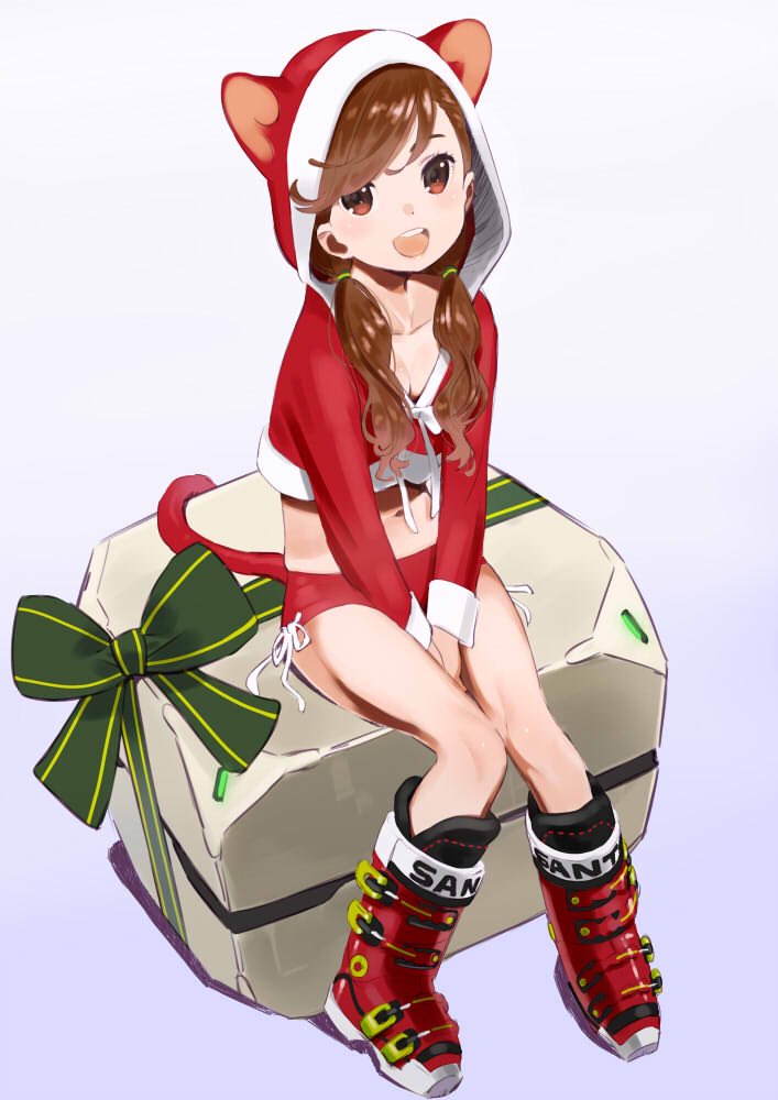 1girl animal_ears bangs between_legs blush box breasts brown_eyes brown_hair cat_tail christmas cleavage collarbone commentary_request crop_top gift gift_box hand_between_legs hood hoodie knees_together_feet_apart long_sleeves looking_at_viewer low_twintails midriff navel open_mouth original ribbon santa_costume short_shorts shorts sitting ski_boots smile solo stomach tail tanaka_masayoshi twintails upper_teeth