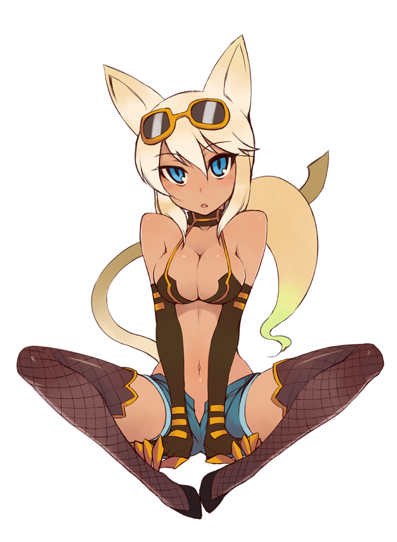 animal_ears bare_shoulders blonde_hair blue_eyes breasts cat_ears dark_skin fishnet_legwear fishnet_stockings fishnets kaiten_muten-maru kusanagi_tonbo legwear long_hair looking_at_viewer navel shamu_meruruusa simple_background slit_pupils solo sunglasses tail thigh-highs thighhighs tsurime white_background