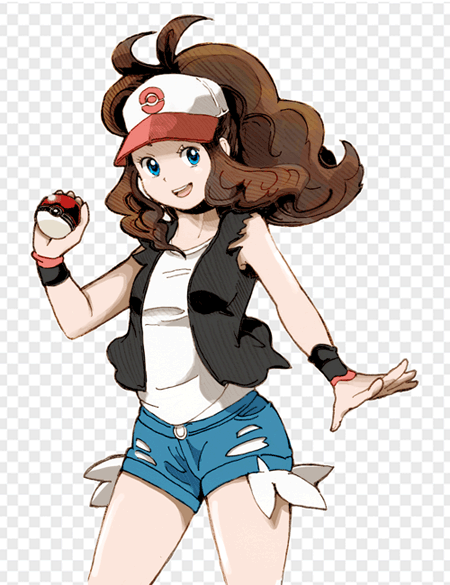 1girl baseball_cap blue_eyes brown_hair checkered checkered_background hat long_hair ma-hain-scarlet open_mouth poke_ball pokemon pokemon_(game) pokemon_bw shorts sidelocks smile solo torn_clothes touko_(pokemon) vest wristband