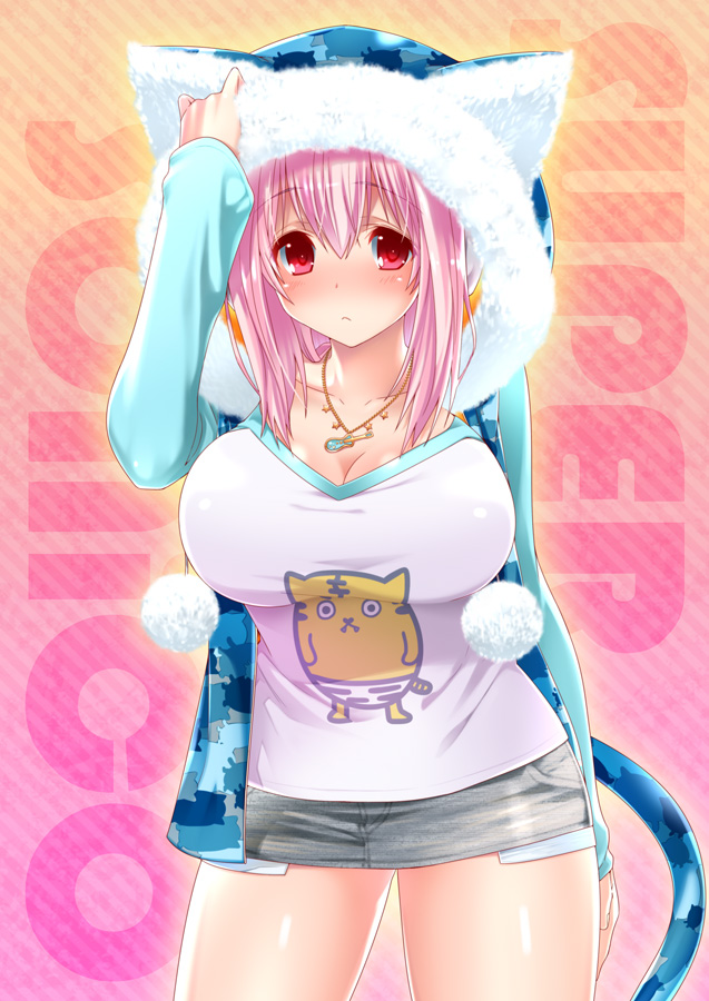 alternate_costume animal_ears bare_legs blush breasts cat_ears cat_hood cat_tail character_name cleavage denim_skirt fake_animal_ears guitar hoodie instrument jewelry large_breasts miniskirt necklace nitroplus okazaki_beru pink_hair pom_pom_(clothes) red_eyes short_hair skirt solo super_sonico tail text