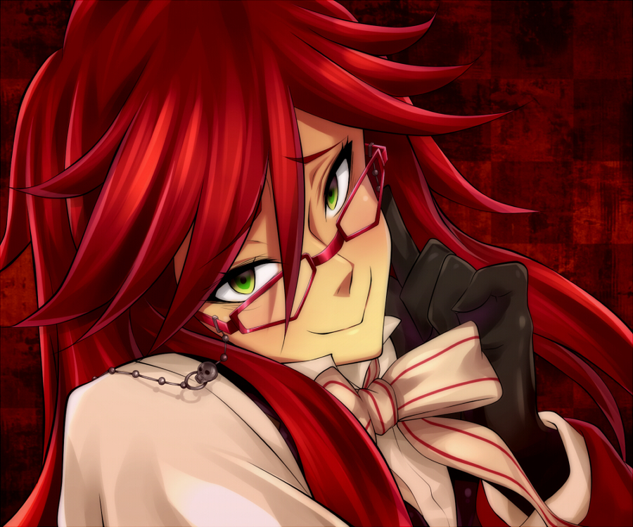 androgynous bowtie checkered checkered_background glasses gloves green_eyes grell_sutcliff kuroshitsuji long_hair makita_(twosidegekilove) male red_hair redhead smile solo twosidegekilove