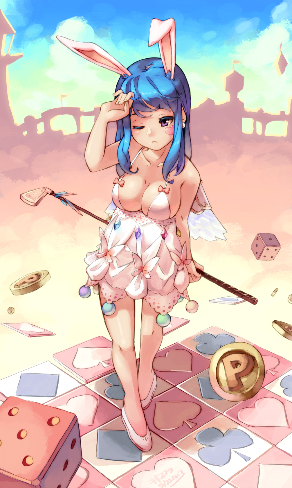 1girl animal_ears arin bare_legs bare_shoulders blue_hair breasts cleavage dated dice dress earrings facial_tattoo flats golf_club hand_in_hair heart highres jewelry junkpuyo large_breasts long_hair pangya rabbit_ears solo tattoo violet_eyes wings