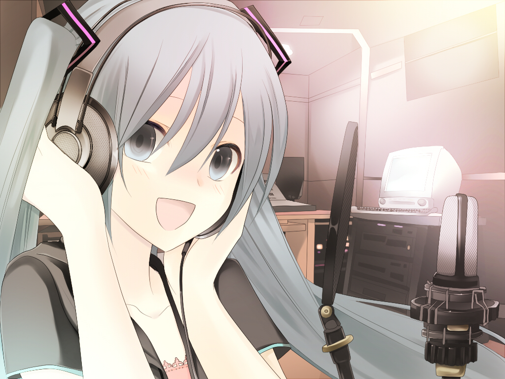 1girl aqua_eyes aqua_hair bad_id computer face hands_on_headphones hatsune_miku headphones long_hair microphone recording_studio smile solo studio studio_microphone temari_(artist) twintails vocaloid