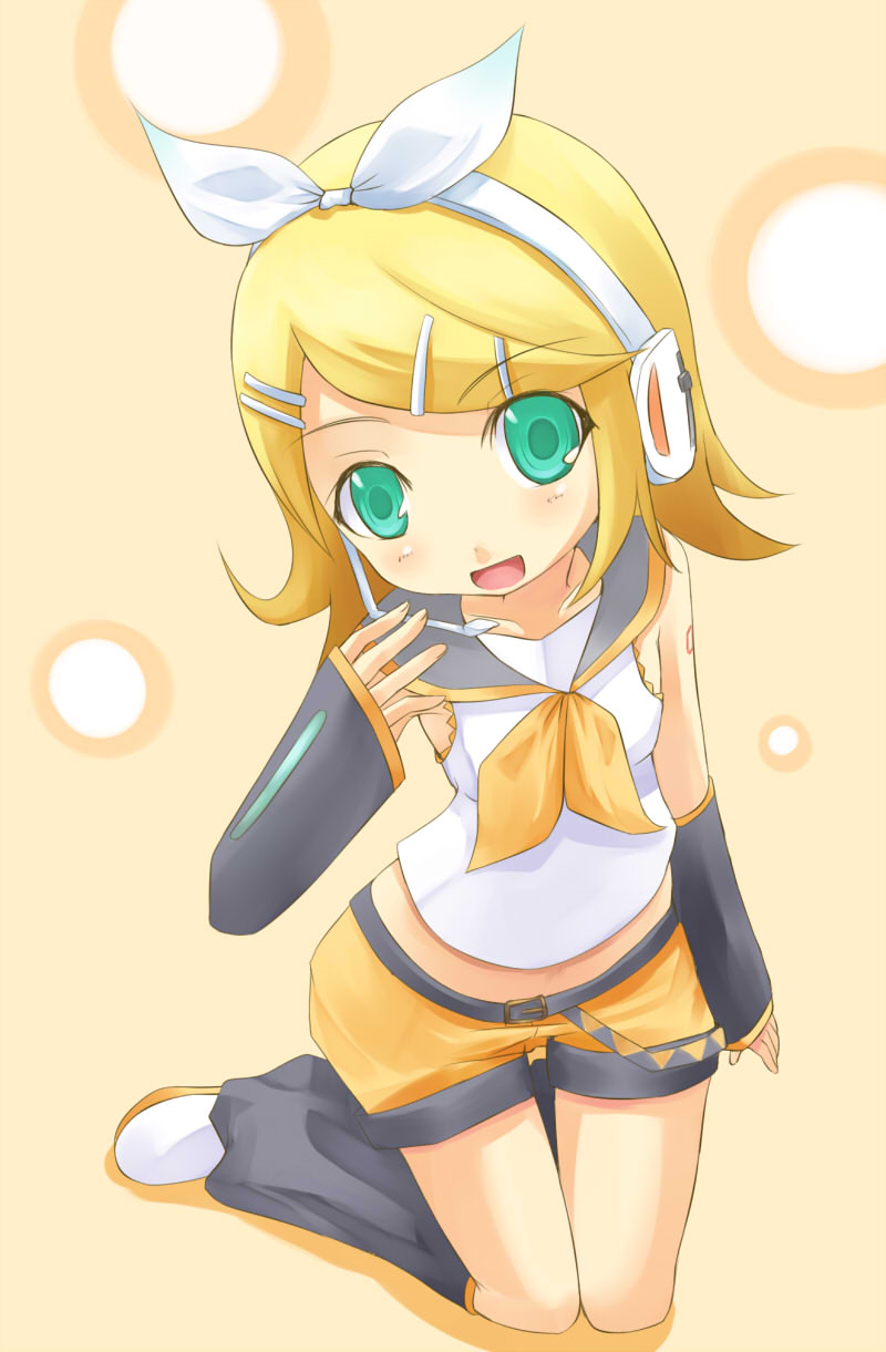 1girl :d blonde_hair bow female flat_chest highres kagamine_rin kneeling midriff minitesu open_mouth sailor_collar school_uniform seifuku short_hair shorts solo vocaloid white_hairband