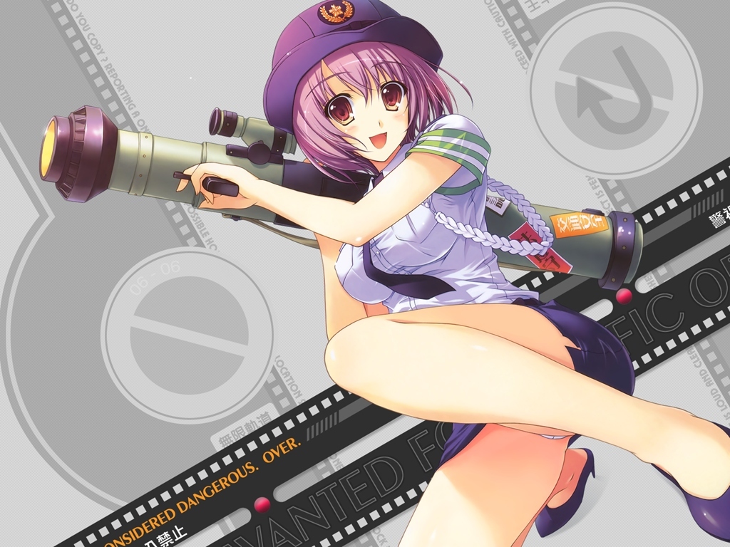 1girl :d blush breasts eyebrows_visible_through_hair female hat holding_weapon looking_at_viewer miniskirt necktie panties short_hair skirt smile solo source_request tomose_shunsaku uniform weapon white_panties