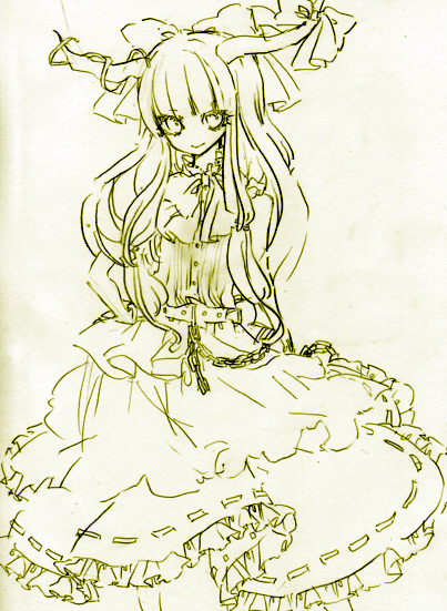 chain chains eyelashes frills green hair_ribbon hand_on_hip horns ibuki_suika long_hair miri monochrome no_nose oni ribbon simple_background skirt sleeveless smile solo touhou traditional_media