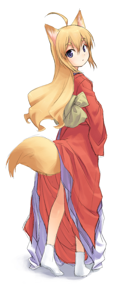 ahoge blush bow foxgirl kitsunemimi long_hair tail