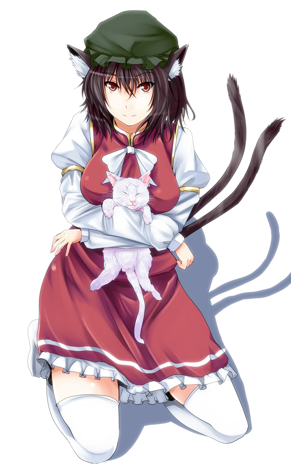 animal_ears animal_hug breasts brown_eyes brown_hair cat cat_ears cat_tail chen earrings hat highres jewelry mugenshiki multiple_tails short_hair tail thigh-highs thighhighs touhou zettai_ryouiki