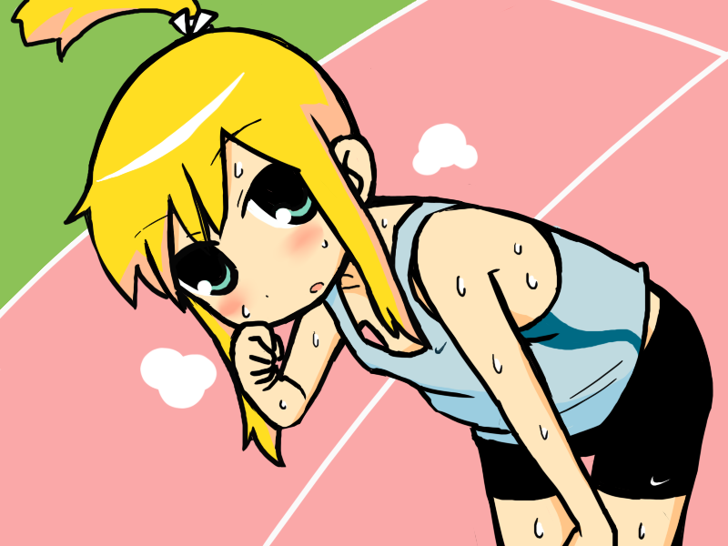 bent_over bike_shorts blonde_hair blush commentary commentary_request down_blouse exhausted green_hair hizaki_ryuuta hizakiryuuta iris_(material_sniper) leaning_forward loli material_sniper ponytail short_hair sleeveless_shirt smoke solo standing steam sweat tired track track_and_field