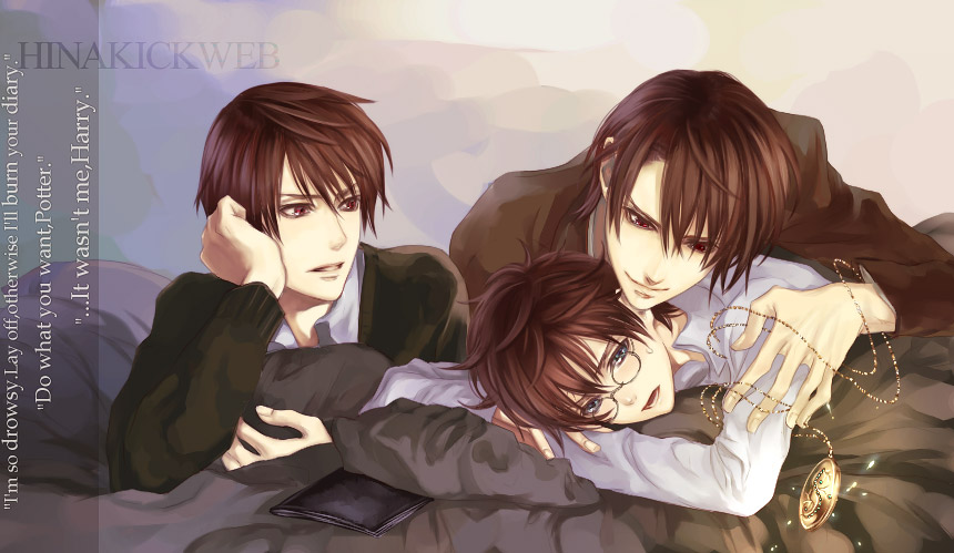 bed brown_hair glasses hands harry_james_potter harry_potter lying male medallion numeri_(pixiv) open_mouth red_eyes short_hair tom_marvolo_riddle yaoi
