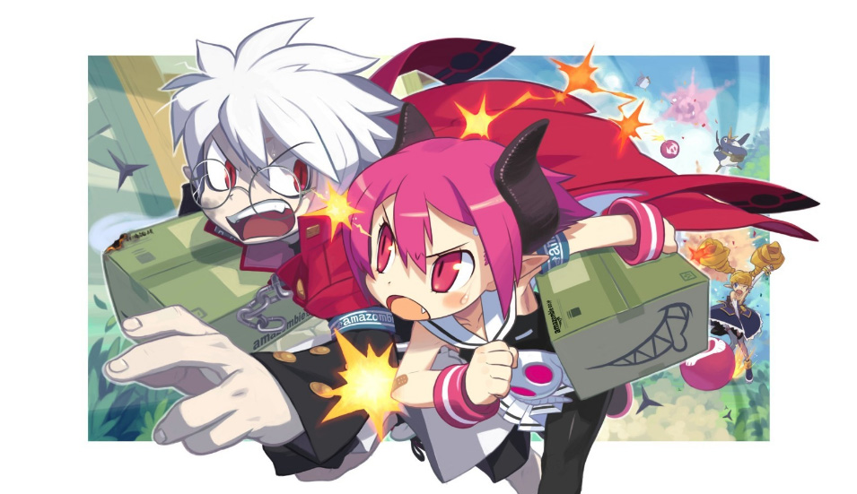 archer_(disgaea) disgaea fang glasses horns ishikawa_hideki makai_senki_disgaea_3 mao_(disgaea) official_art pantyhose pointy_ears prinny raspberyl school_uniform serafuku skirt