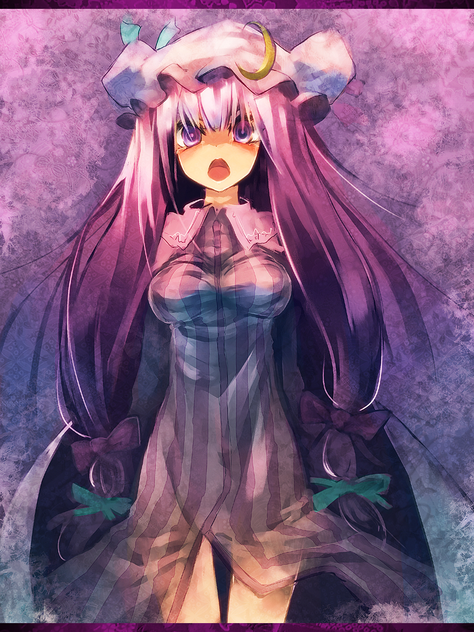 border bow breasts crescent hair_bow hat highres long_hair open_mouth patchouli_knowledge purple_eyes purple_hair ribbon robe solo standing striped taut_shirt tears thigh_gap touhou ukyo_rst violet_eyes