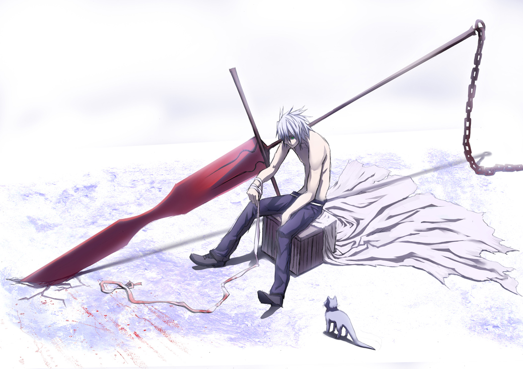 bandage bandages blood cat chain chains green_eyes green_tear huge_weapon male original short_hair sitting solo sword weapon white_hair