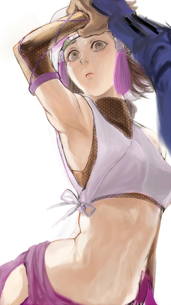 armpits brown_hair detached_sleeves female grey_eyes guri_otoko hat kunoichi_(sengoku_musou) midriff sengoku_musou short_hair solo