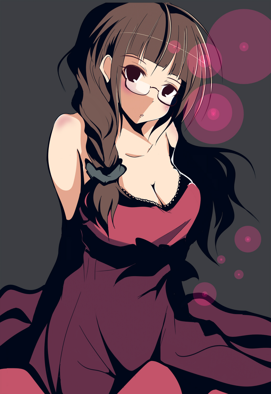 alternate_hairstyle bad_id bare_shoulders blush bow breasts brown_eyes brown_hair cleavage dress evening_gown glasses highres idolmaster large_breasts long_hair natsu_(anta_tte_hitoha) scrunchie solo