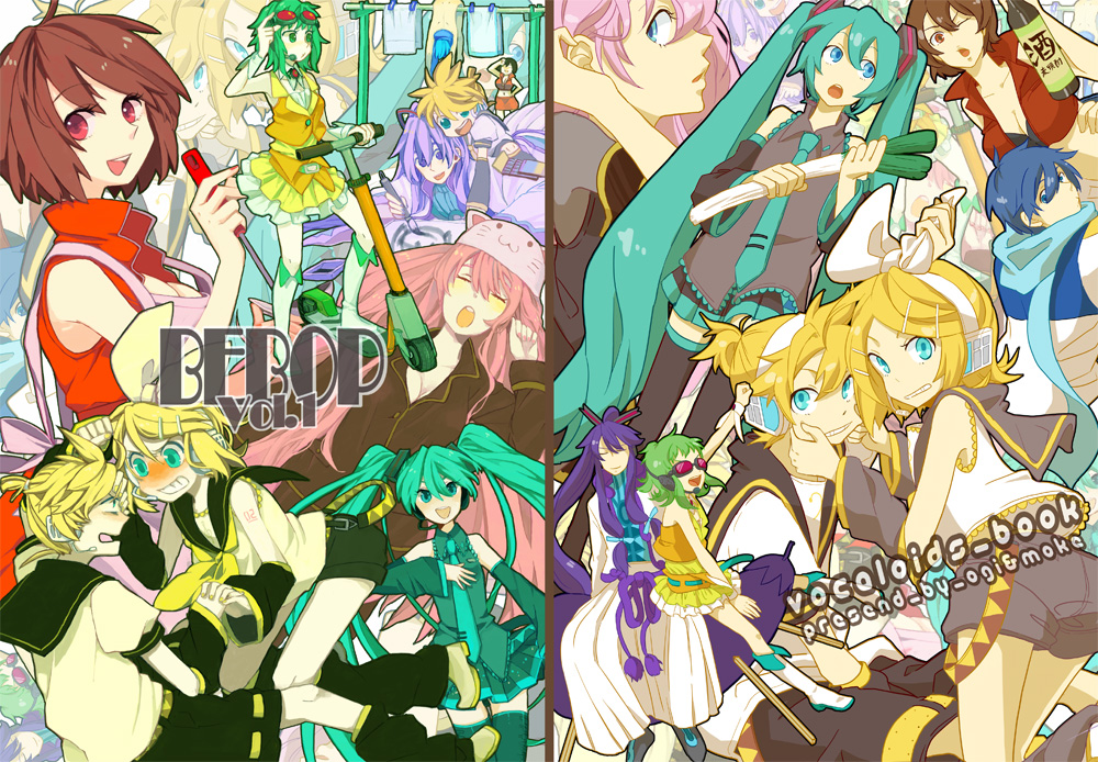 bad_id blush goggles goggles_on_head gumi hatsune_miku hug kagamine_len kagamine_rin kaito kamui_gakupo megurine_luka meiko moke_(gaton) motor_vehicle sake scarf scooter siblings skirt thighhighs toeto_(vocaloid) twins twintails vehicle vocaloid