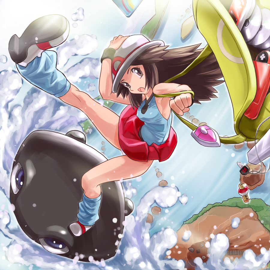 1girl annotated arm_up armpits bag bare_shoulders belt blue blue_(pokemon) blue_background blue_legwear blue_shirt breasts brown_eyes brown_hair card cd creature drop falling falling_card fame_checker finished flipped_hair flute from_above hand_on_hat hat head_tilt holding instrument island key kneehighs leaf_(pokemon) leg_up legs lift_key long_hair looking_at_viewer looking_up loose_socks ocean on_head open_bag open_mouth otsukare outdoors outstretched_leg panties pantyshot pantyshot_(standing) payot perspective poke_ball_theme poke_flute pokedex pokemon pokemon_(game) pokemon_rgby porkpie_hat purple_eyes rainbow_pass rock shirt shoulder_bag shoulders sideboob single_letter skirt skirt_lift sleeveless sleeveless_shirt socks solo standing strap surf surfing surprised team_rocket team_rocket_(cameo) thighs underwear vs_seeker water waves white_panties wristband