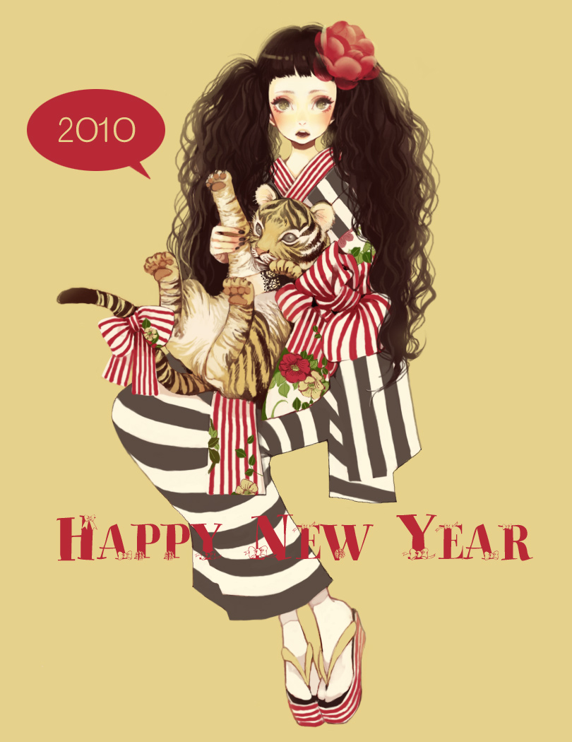 animal black_hair blush bow curly_hair flower japanese_clothes kimono long_hair mokaffe new_year solo striped tiger very_long_hair