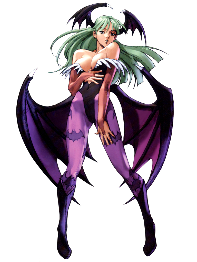 1girl bare_shoulders bat_print bat_wings black_leotard boots breasts bridal_gauntlets capcom cleavage demon_girl elbow_gloves female full_body gloves green_eyes green_hair hand_on_own_stomach head_wings headwings highleg highleg_leotard kawano_takuji large_breasts legs leotard long_hair morrigan_aensland namco_x_capcom off-shoulder_leotard off_shoulder official_art pantyhose parted_lips patterned_legwear print_legwear purple_legwear purple_pantyhose simple_background solo strapless strapless_leotard succubus vampire_(game) white_background wings