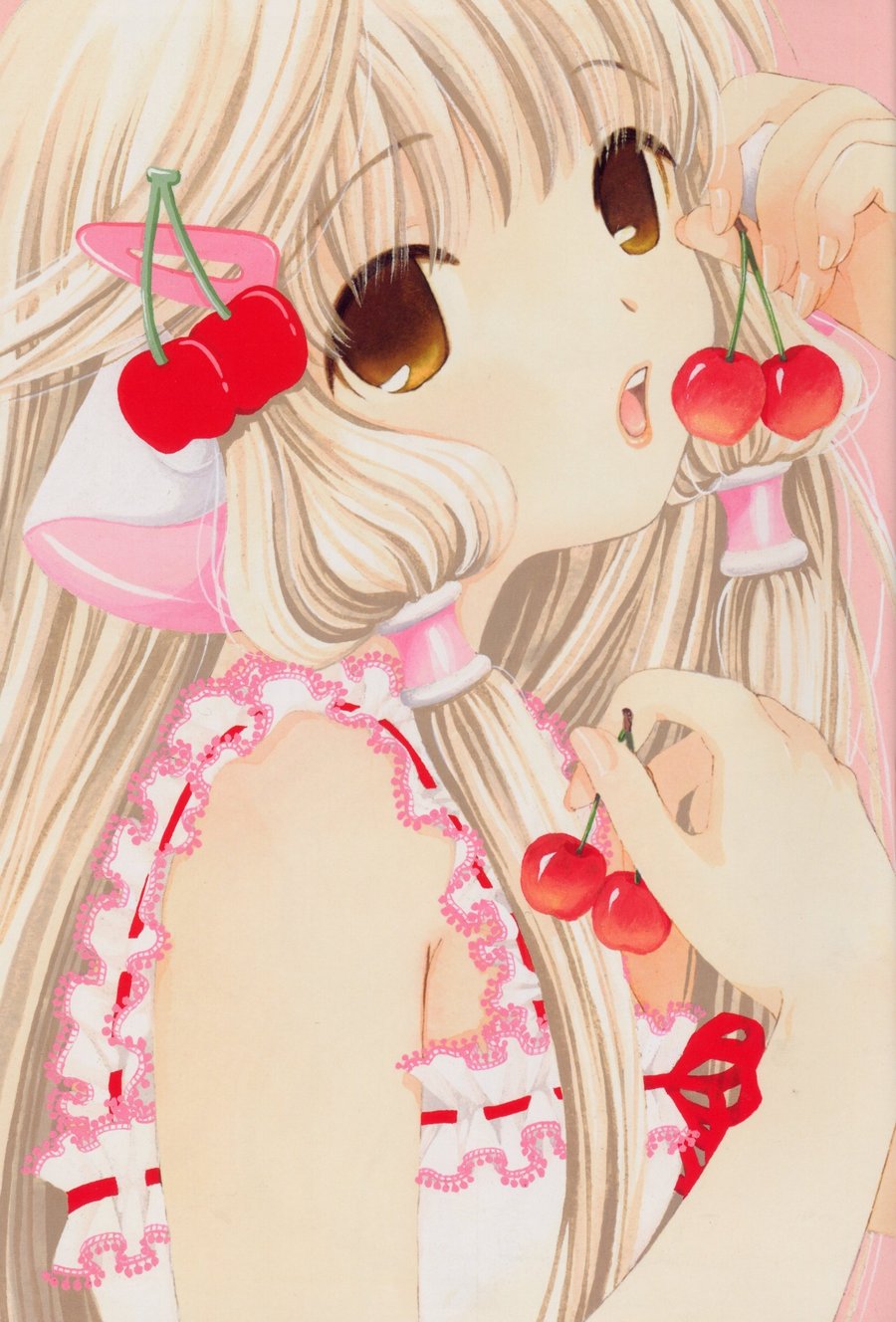 barette brown_eyes cherry chii chobits clamp food food_themed_clothes fruit highres holding holding_fruit lips long_hair open_mouth orange_eyes robot_ears solo