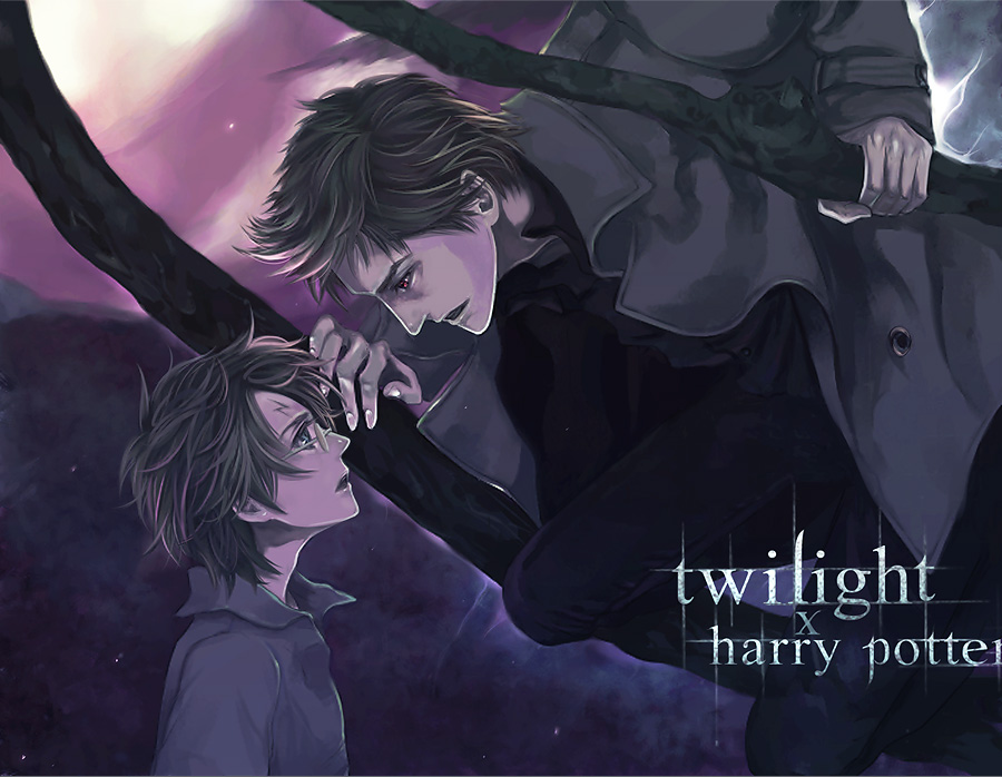brown_hair crossover edward_cullen glasses green_eyes harry_james_potter harry_potter male numeri_(pixiv) open_mouth red_eyes short_hair the_twilight_saga tom_marvolo_riddle yaoi