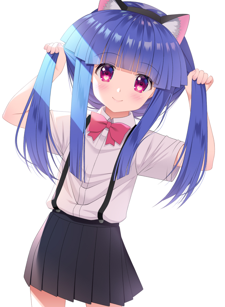 1girl animal_ear_fluff animal_ears bangs black_hairband black_skirt blue_hair blunt_bangs blush bow bowtie bunching_hair cat_ears commentary_request cowboy_shot eyebrows_visible_through_hair fake_animal_ears furude_rika gaou_(babel) hairband heart heart_in_eye higurashi_no_naku_koro_ni leaning_to_the_side long_hair looking_at_viewer pink_bow pink_neckwear pleated_skirt shirt short_sleeves simple_background skirt solo suspender_skirt suspenders symbol_in_eye twintails violet_eyes white_background white_shirt