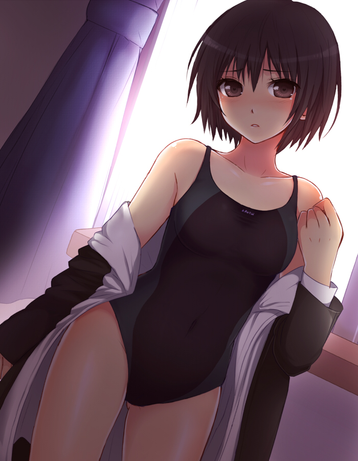 amagami backlighting bare_shoulders black_hair blush brown_eyes clothed_navel competition_swimsuit curtains kamanatsu lm nanasaki_ai one-piece_swimsuit short_hair solo swimsuit undressing