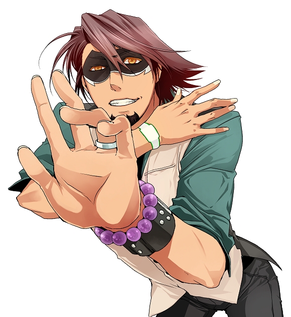 1boy bracelet brown_eyes brown_hair facial_hair hands jewelry kaburagi_t_kotetsu mask mori-003 necktie outstretched_hand ring stubble tiger_&amp;_bunny vest waistcoat watch wedding_band wristwatch