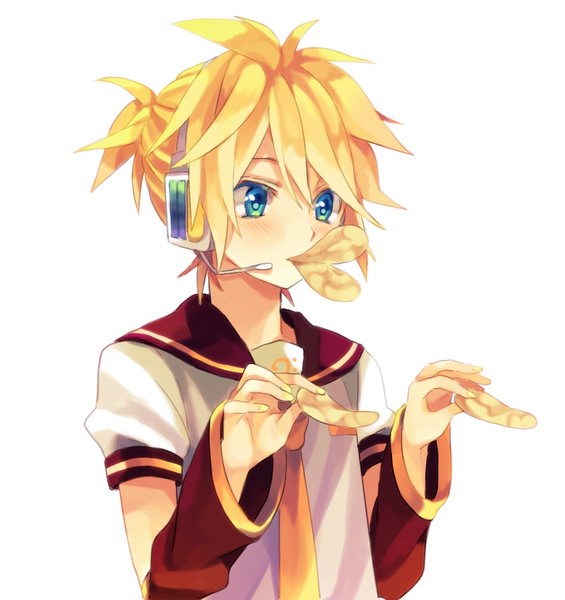 :v akiyoshi_(tama-pete) blonde_hair blue_eyes chips duck_face headset kagamine_len male mouth_hold necktie pringleduck short_hair simple_background solo vocaloid