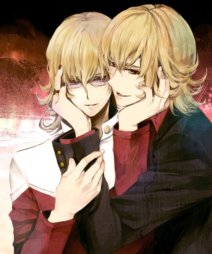 barnaby_brooks_jr blonde_hair dark_persona dual_persona formal glasses green_eyes hand_on_another's_face hand_on_another's_face jacket jewelry kainesato multiple_boys ourobunny red_eyes red_jacket ring suit tiger_&amp;_bunny