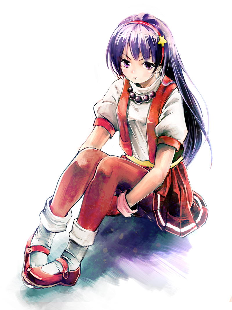 1girl :t asamiya_athena bangs brown_legwear earrings female full_body hairband jewelry king_of_fighters king_of_fighters_97 kuro_(al-dente_660) long_hair mary_janes pantyhose pout purple_hair red_footwear red_hairband red_shoes shoes sitting skirt snk socks solo star star_hair_ornament violet_eyes