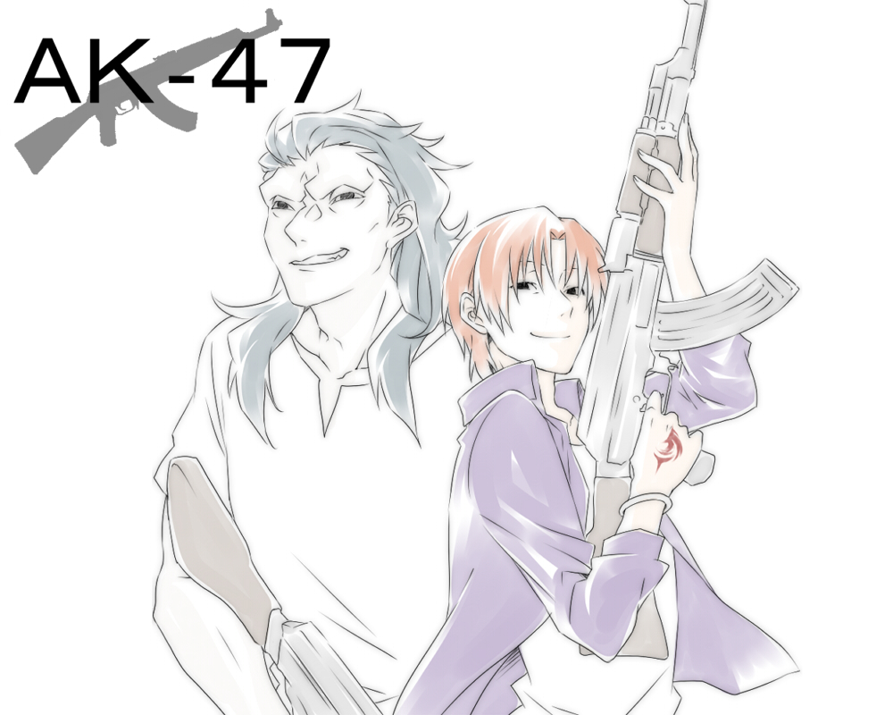 ak-47 assault_rifle caster_(fate/zero) casual fate/zero fate_(series) grey_hair gun jun_(kyurisin) male multiple_boys orange_hair rifle t-shirt uryuu_ryuunosuke weapon white_background