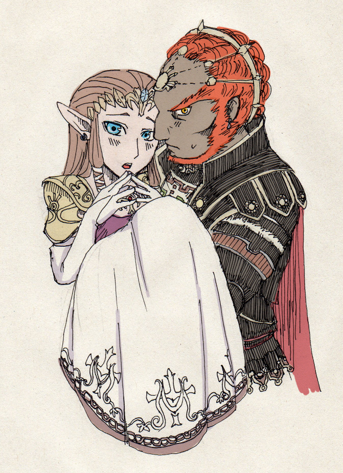 1girl armor blue_eyes brown_hair cape carrying earrings ganondorf gloves goma_tonbi jewelry long_hair looking_at_viewer nintendo open_mouth pointy_ears princess_carry princess_zelda red_eyes red_hair redhead steepled_fingers the_legend_of_zelda tiara twilight_princess