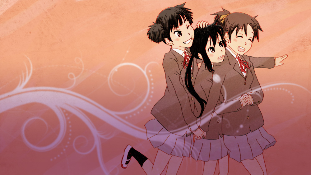 black_hair bonjin brown_eyes brown_hair hirasawa_ui k-on! nakano_azusa ponytail ribbon school_uniform short_hair short_twintails skirt suzuki_jun twintails