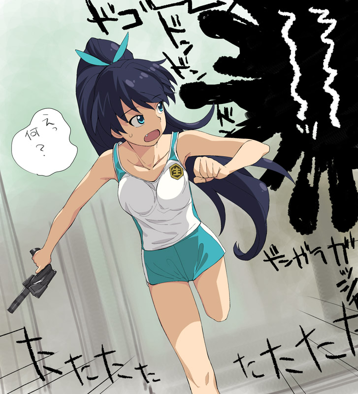 a1 black_hair blue_eyes bow fang ganaha_hibiki gears_of_war hammer_of_dawn idolmaster long_hair looking_back open_mouth ponytail running solo sweat translation_request weapon