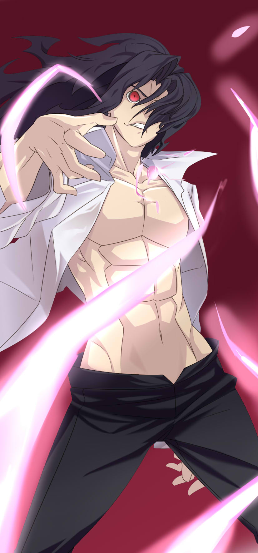 abs black_hair fullluv highres long_hair male melty_blood michael_roa_valdamjong muscle open_clothes open_shirt red_eyes solo tsukihime