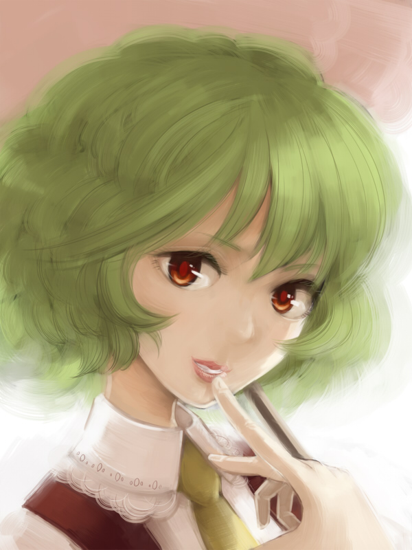 ascot bad_id bust face finger_to_mouth green_hair kazami_yuuka lips looking_at_viewer portrait red_eyes shirt short_hair smile solo touhou urin vest youkai