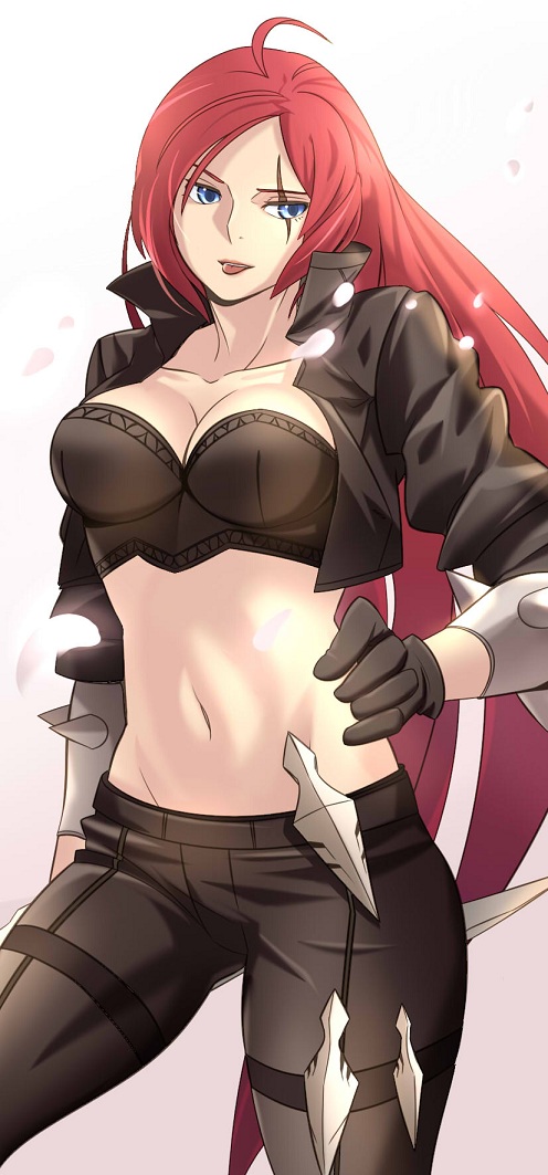 ahoge armband blue_eyes breasts bustier cleavage cropped_jacket dagger fullluv gloves katarina_du_couteau kunai large_breasts league_of_legends legs long_hair midriff navel pants red_hair redhead scar solo spikes thighs tongue very_long_hair weapon