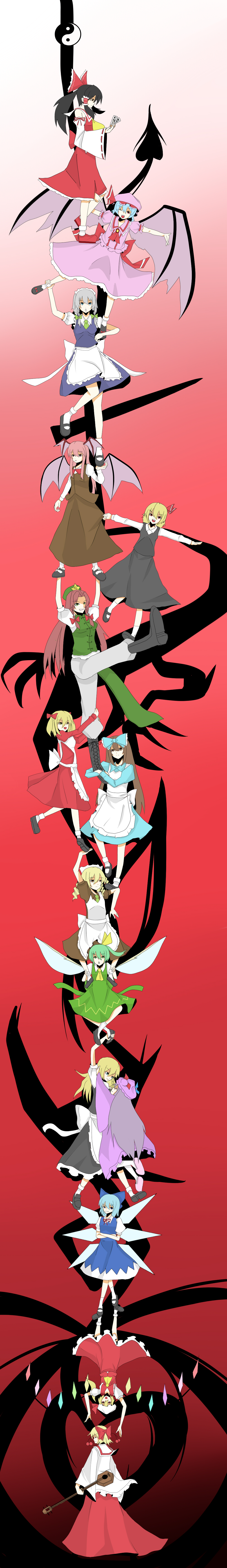 &gt;:d :d ;d absurdres alternate_eye_color amare_osu apron arm_up bat_wings black_hair blonde_hair blue_dress blue_hair boots bow bowtie china_dress chinese_clothes cirno cross cross-laced_footwear crossed_arms daiyousei detached_sleeves dress dress_shirt drill_hair durarara!! erhu extra fairy_maid fairy_wings flandre_scarlet frills green_dress green_eyes green_hair hair_bobbles hair_bow hair_ornament hakurei_reimu high_kick highres hong_meiling hug human_tower izayoi_sakuya japanese_clothes kicking kirisame_marisa koakuma laevatein large_bow large_wings long_hair long_sleeves luna_child maid maid_headdress miko multiple_girls necktie no_hat no_headwear ofuda open_mouth outstretched_arms pants parody patchouli_knowledge purple_hair red_dress red_eyes remilia_scarlet rumia satsuki_rin shadow shirt shoes short_hair short_sleeves side_ponytail side_slit skirt skirt_set slippers smile spear_the_gungnir spread_arms stacking standing_on_one_leg star star_sapphire sunny_milk the_embodiment_of_scarlet_devil touhou trust_me twin_drills upside-down very_long_hair vest waist_apron white_shirt wide_sleeves wings wink yin_yang youkai