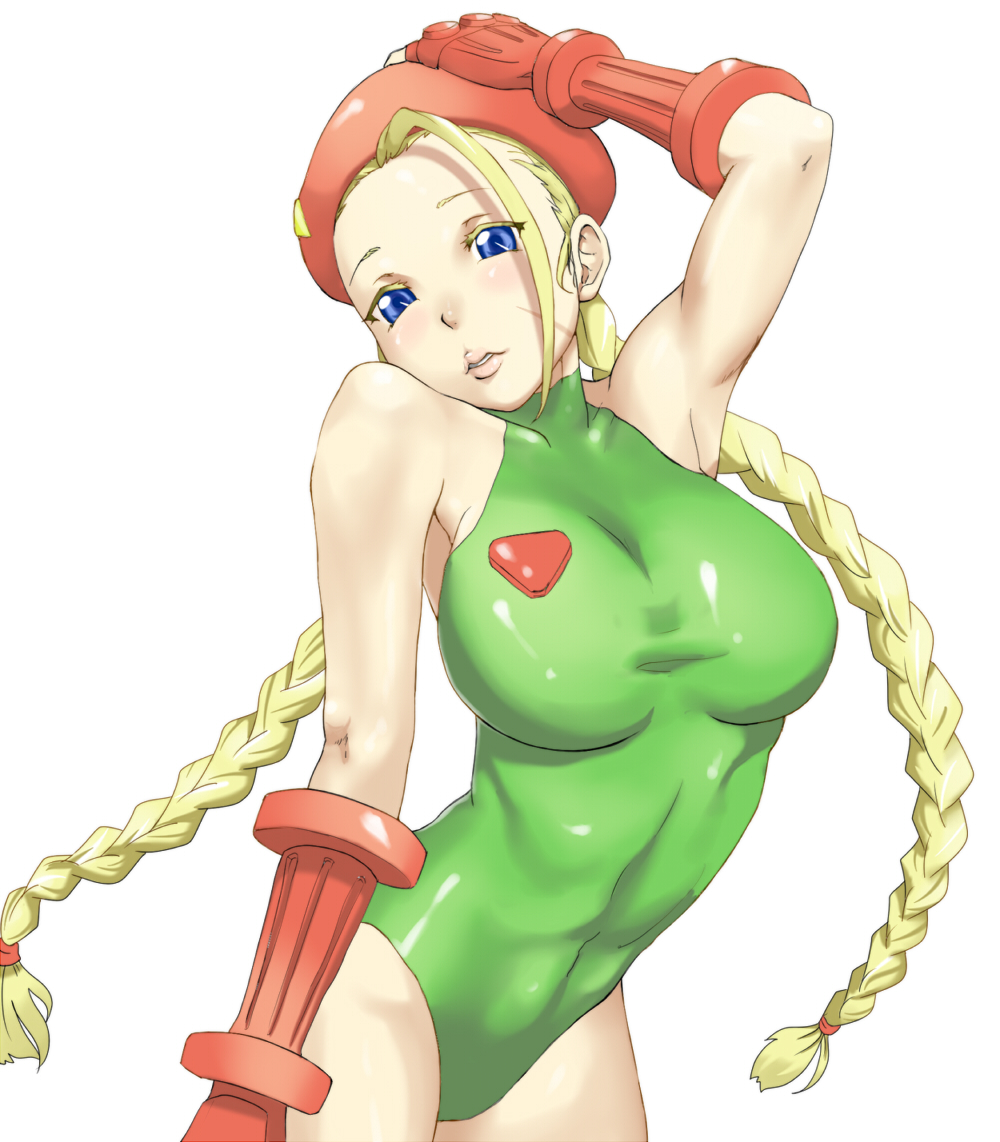 bare_shoulders beret blue_eyes bombomb25 braid breasts cammy_white gauntlets hat leotard lips simple_background solo street_fighter street_fighter_ii twin_braids