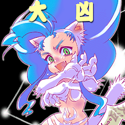 artist_request big_hair blue_hair capcom cat_ears cat_tail catgirl claws fangs felicia fur green_eyes lowres navel open_mouth solo sweat tail tears vampire_(game)