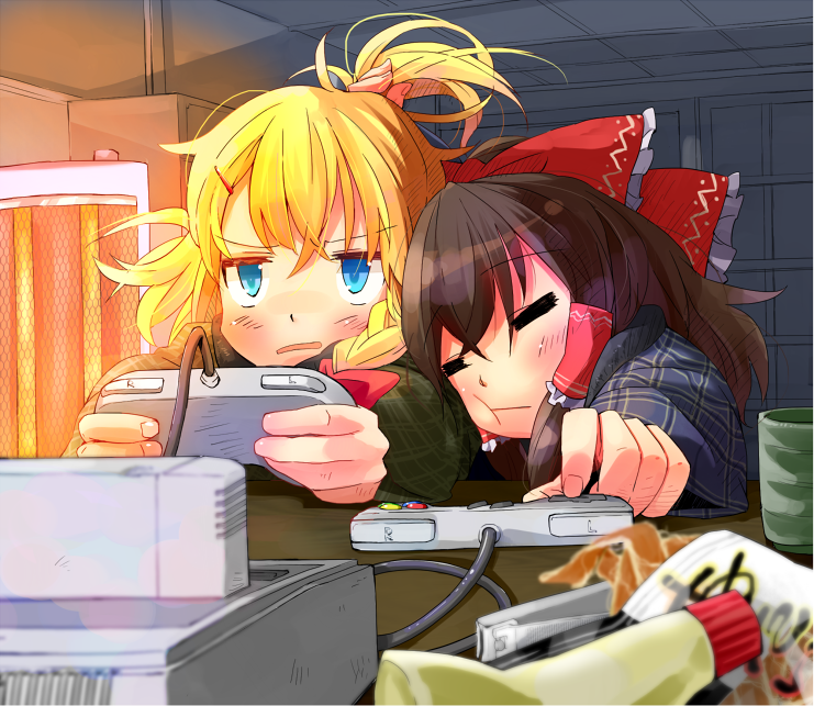 :t =_= blonde_hair blue_eyes bow brown_hair cartridge contemporary controller cup fingernails game_cartridge game_controller hair_bow hair_grab hair_ornament hair_ribbon hair_tubes hairclip hakurei_reimu heater kirisame_marisa multiple_girls nail_clippers no_hat no_headwear playing_games ponytail ribbon super_famicom taker touhou