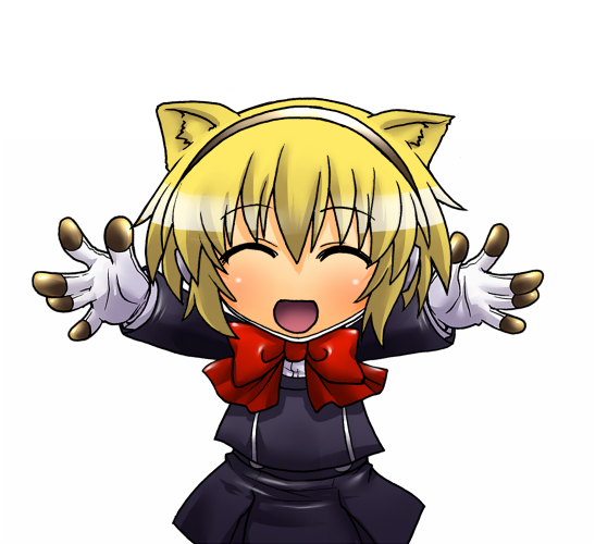 aegis blonde_hair bow chibi closed_eyes eyes_closed headphones kemonomimi_mode open_mouth outstretched_arms persona persona_3 school_uniform segami_daisuke short_hair skirt smile
