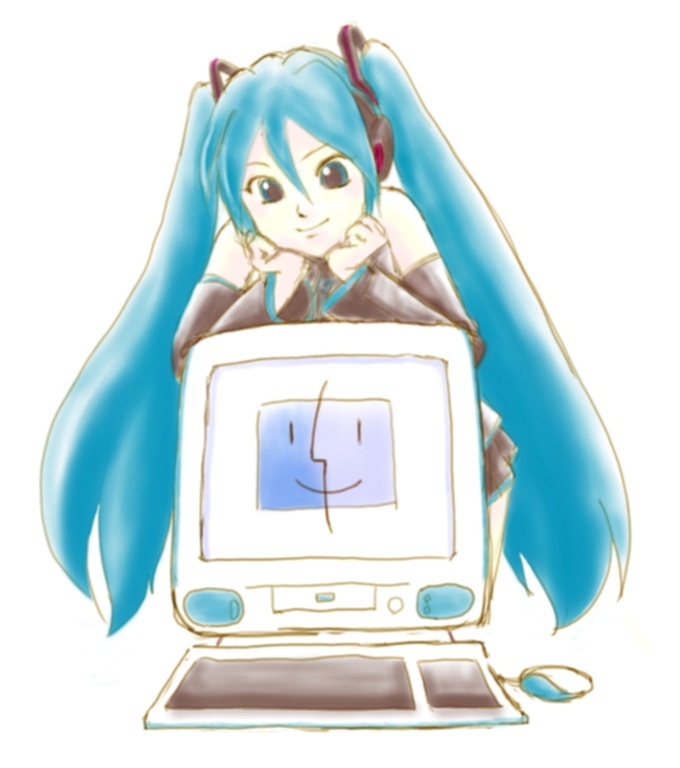 apple_inc. blue_hair computer hatsune_miku imac long_hair macintosh mori_no_koumori smile twintails vocaloid