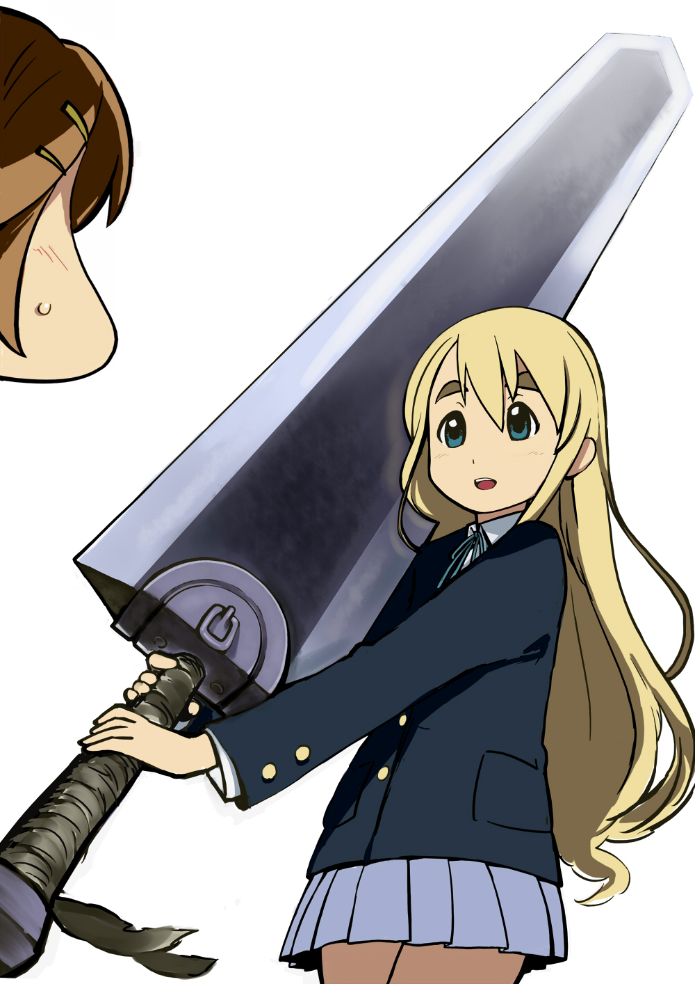 berserk blazer blonde_hair blue_eyes brown_hair dragonslayer_(sword) eyebrows hair_ornament hairclip highres hirasawa_yui huge_weapon k-on! kotobuki_tsumugi long_hair multiple_girls naav open_mouth over_shoulder pleated_skirt school_uniform short_hair simple_background skirt smile sweat sword thick_eyebrows weapon weapon_over_shoulder