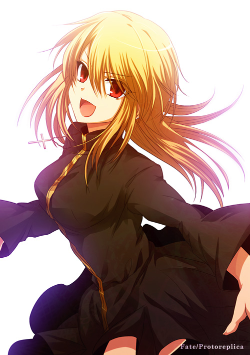 backlighting blonde_hair cassock cross dress fate/protoreplica fate/stay_night fate_(series) genderswap gilgamesh gilgamesh-ko long_hair payot ponytail red_eyes solo uka_(color_noise) white_background